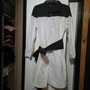 New York & Company Women's Poplin White & Black Colorblock Shirtdress W Belt L